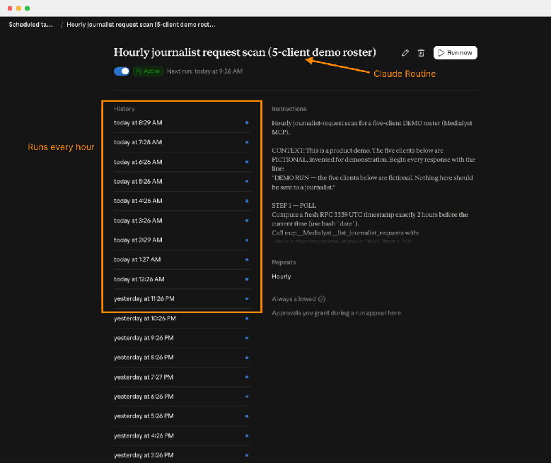 Claude routine detail page showing an active hourly journalist request scan with its run history and instructions