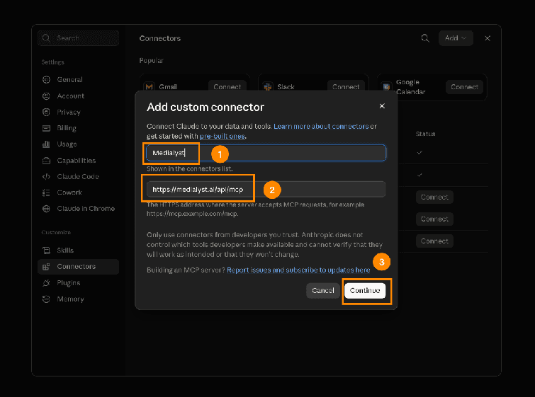 Claude Add custom connector dialog filled in with the Medialyst name and the medialyst.ai/api/mcp server URL