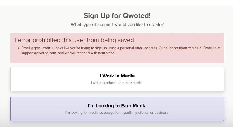 Error Signup Personal Email Address Qwoted