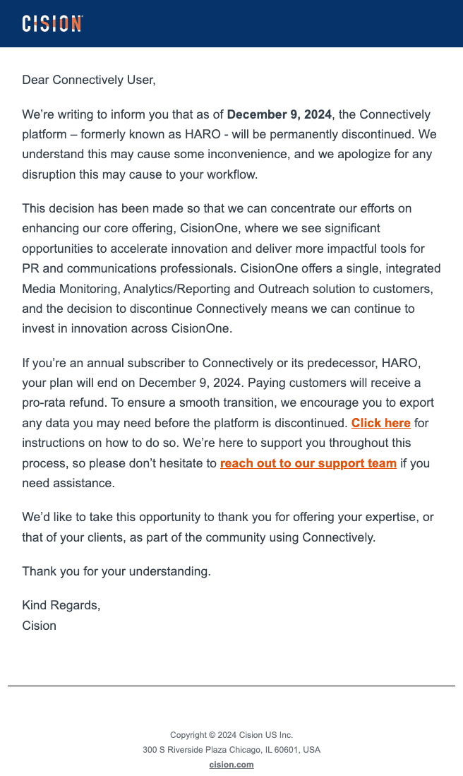 Connectively Shutdown Email